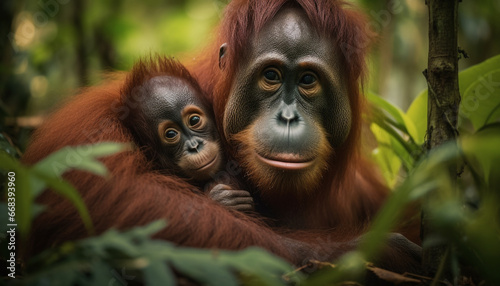 Young primate sitting in tropical rainforest, looking at camera with love generated by AI