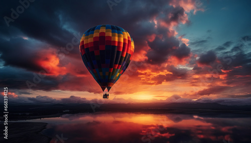 Multi colored hot air balloon flying high in vibrant sky generated by AI