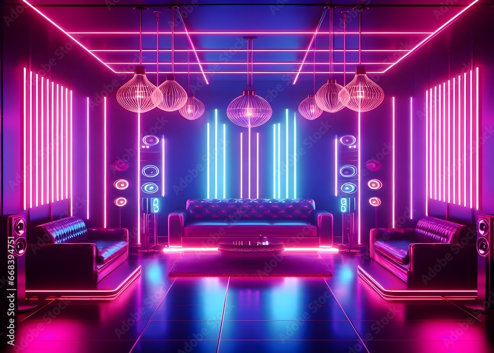 Purple neon room with sofa, curtain and couch