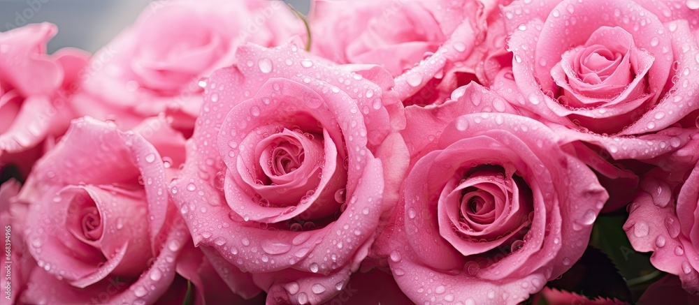 Pink roses with raindrops against a pink background Natural beauty