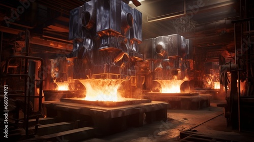 an aluminum foundry where molten metal flows into molds, capturing the mesmerizing transformation from liquid to solid