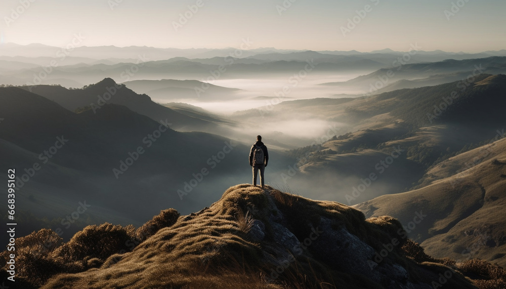 Standing on mountain peak, one person achieves hiking success generated by AI