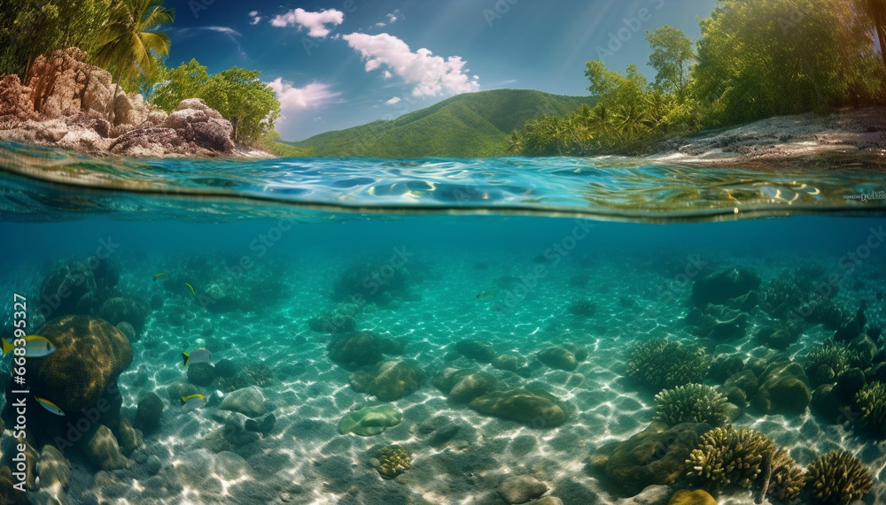 Fototapeta premium Underwater fish swim in transparent blue water, below coral reef generated by AI