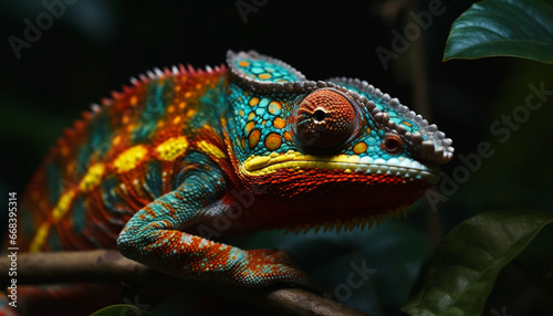 Vibrant veiled chameleon perching on branch in African rainforest generated by AI