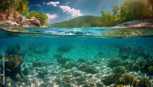 Underwater fish swim in transparent blue water, below coral reef generated by AI © Jemastock