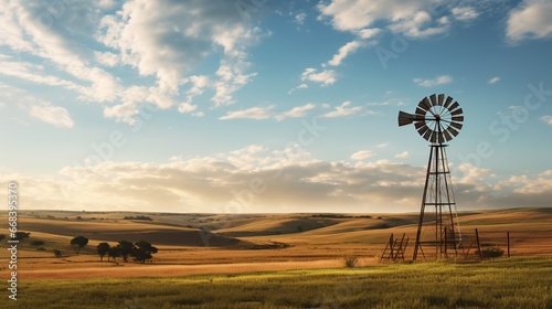an ancient wooden windmill standing tall against a vast, open field, capturing the timeless beauty of rural craftsmanship and sustainability photo
