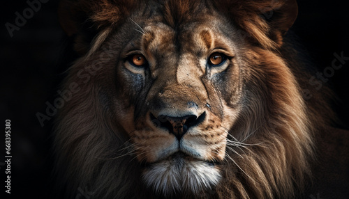 Majestic lion staring with focus on foreground, showcasing strength and beauty generated by AI