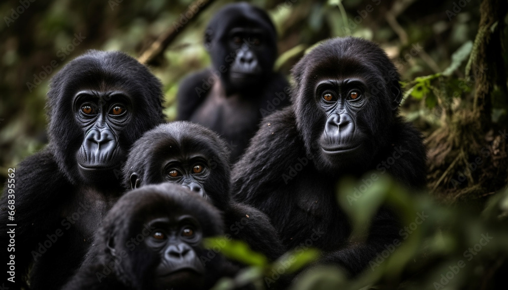 Primate portrait: Endangered gorilla staring in lush African forest generated by AI Primate portrait: Endangered gorilla staring in lush African forest generated by AI