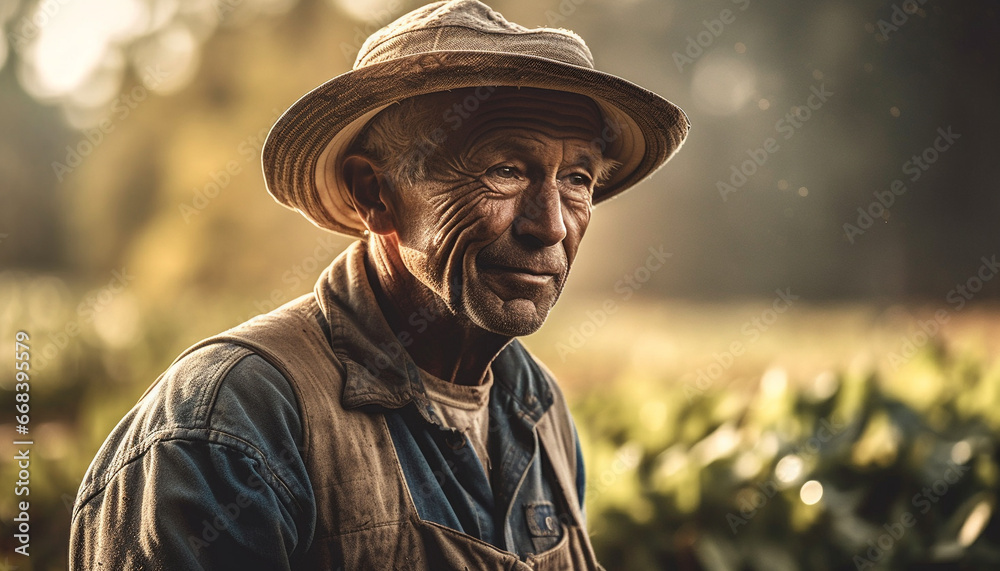 Smiling farmer standing in rural scene, surrounded by nature beauty generated by AI