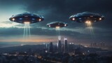 Three UFOs with lights in the night sky hovering over a Major City 
