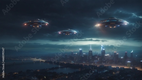 Three UFOs with lights in the night sky hovering over a Major City 