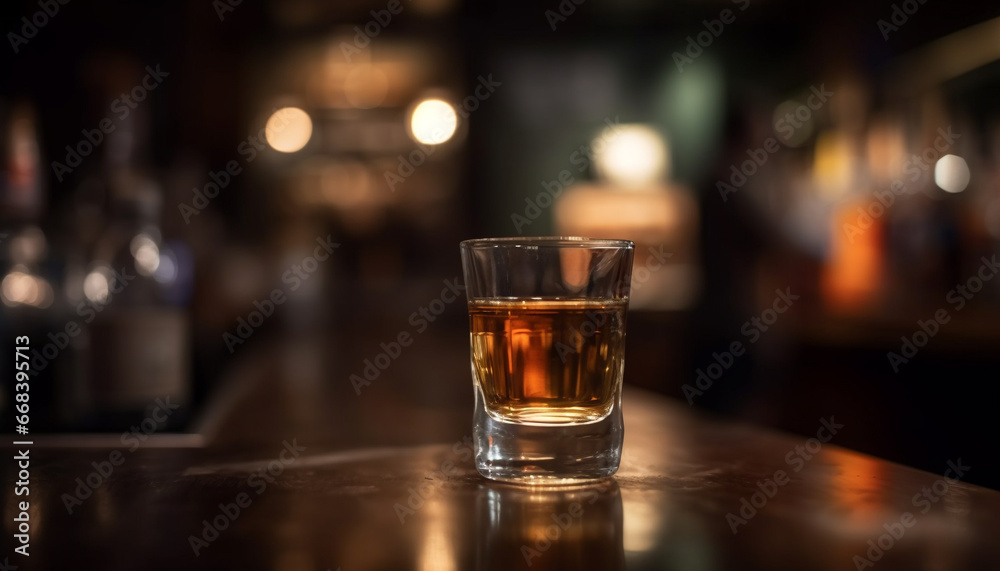 Nightclub bar counter, whiskey glass, ice, reflection, luxury, celebration generated by AI