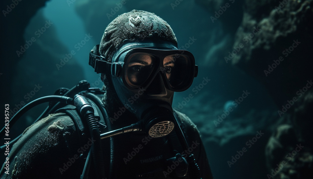 Men in underwater adventure, scuba diving with protective equipment generated by AI Men in underwater adventure, scuba diving with protective equipment generated by AI