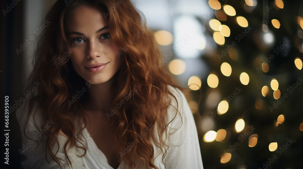 Woman with Festive Bokeh of Christmas Lights in the Background
