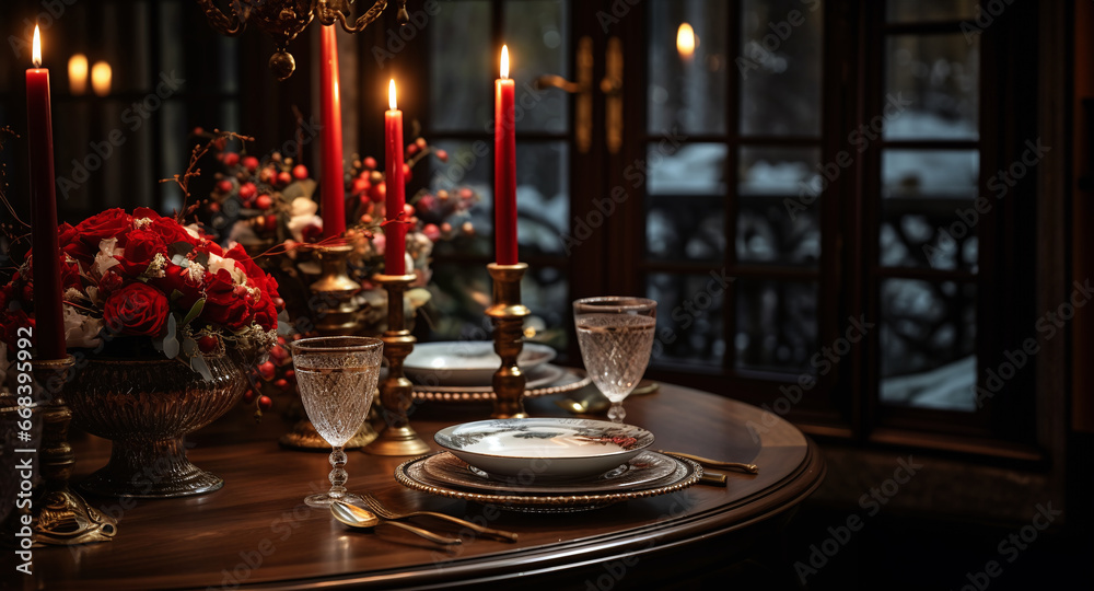 Christmas eve dining table with candles and christmas decorations