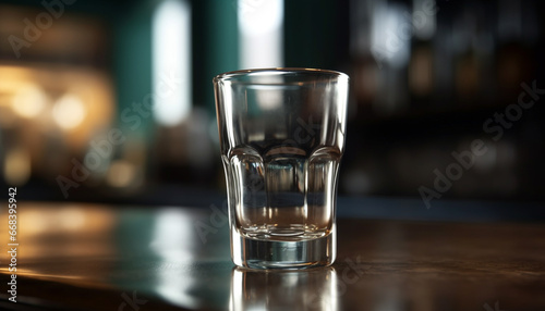 Empty glass on wooden table with reflection of blue liquid generated by AI