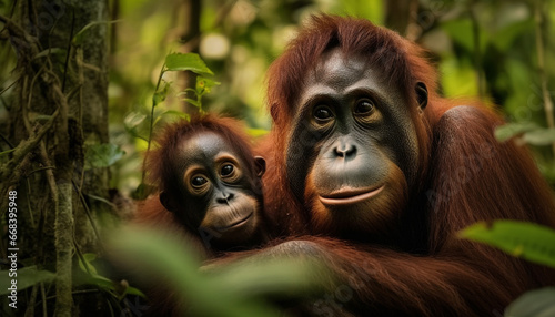 Primate portrait: Endangered orangutan sitting in tropical rainforest, looking cute generated by AI