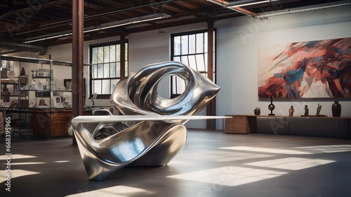 an artistic workspace with an aluminum abstract sculpture, positioned amidst a creative environment, embodying the spirit of artistic innovation