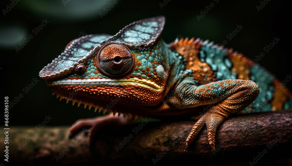 Fototapeta premium Veiled chameleon, a cute reptile with multi colored pattern, indoors generated by AI