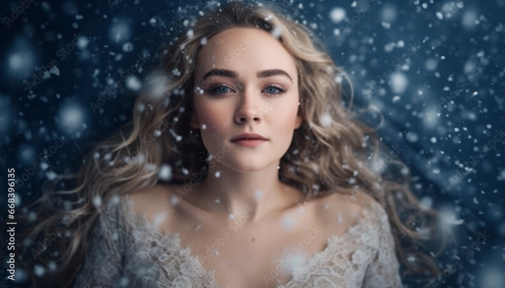 A beautiful young woman with long blond hair in winter generated by AI A beautiful young woman with long blond hair in winter generated by AI