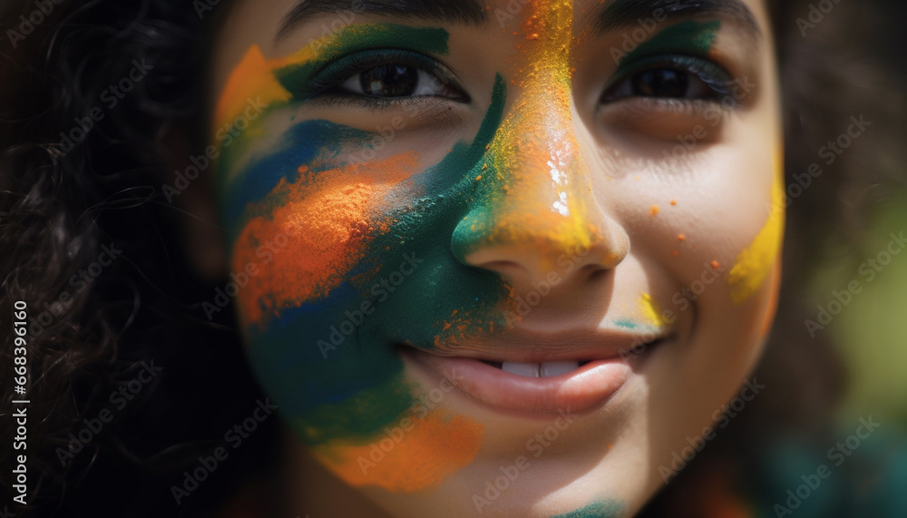 Smiling caucasian woman with colorful face paint exudes youthful joy generated by AI
