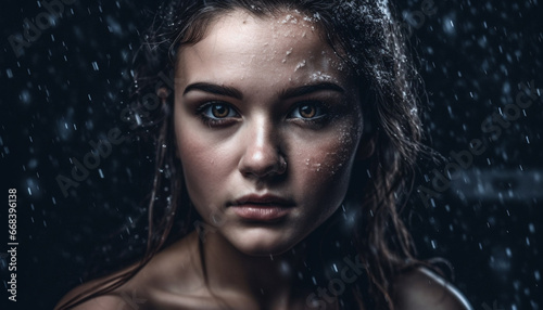 Beautiful woman with long brown hair looking at camera in the rain generated by AI