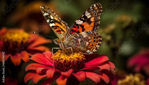 Vibrant butterfly pollinates yellow flower in tranquil summer garden generated by AI