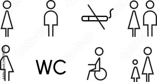 Toilet line icon set. WC sign. Men,women,mother with baby and handicap symbol. Restroom for male, female, transgender, disabled. Vector graphics, black and white icons