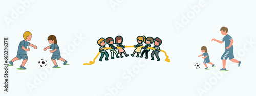 Simple Vector illustration about a group of children playing tug of war. Kids playing tug of war at the park. Girls and boys pull rope, outdoor child games. line art modern design vector illustration