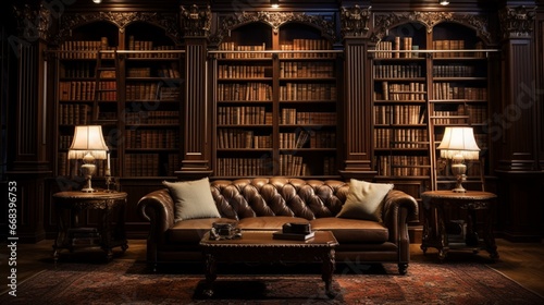 an elegant library room with a Chesterfield sofa, rich mahogany bookshelves, and soft, diffused lighting