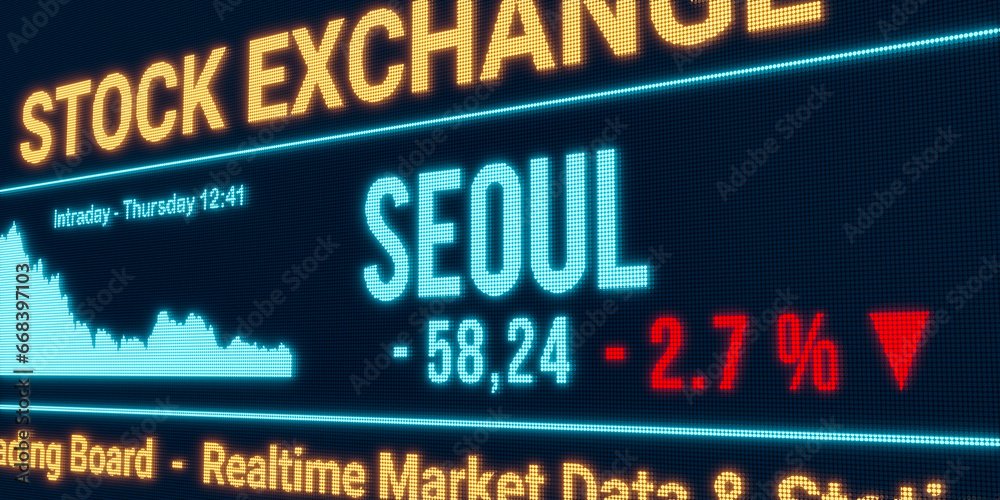 Seoul, stock market moving down. Negative stock exchange data, falling chart on the screen. Red percentage sign, loss and investment. 3D illustration