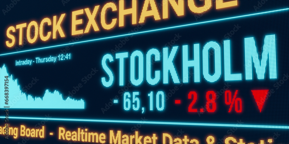 Stockholm, stock market moving down. Negative stock exchange data, falling chart on the screen. Red percentage sign, loss and investment. 3D illustration