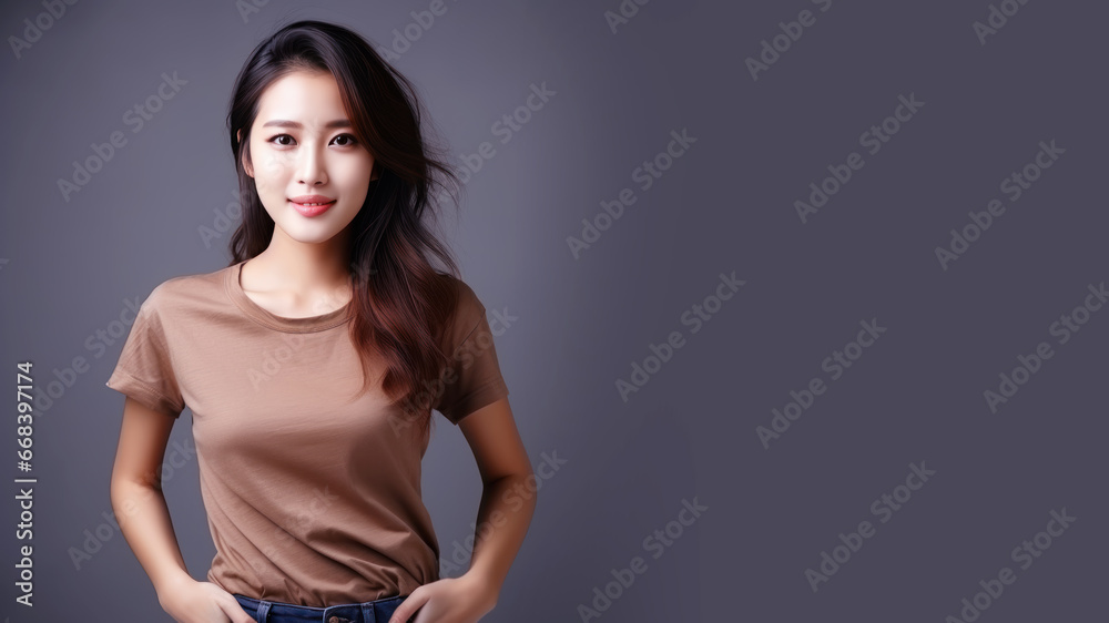 Asian woman wearing brown t-shirt isolated on gray background