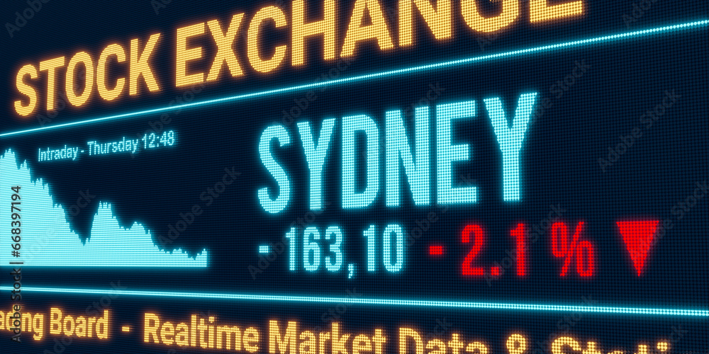 Sydney, stock market moving down. Negative stock exchange data, falling chart on the screen. Red percentage sign, loss and investment. 3D illustration