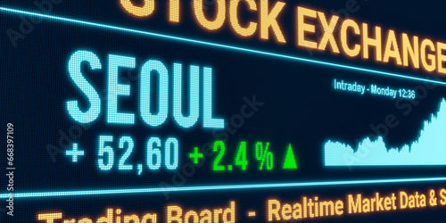Seoul, stock market moving up. Positive stock exchange data, rising chart on the screen. Green percentage sign, profit and investment. 3D illustration photo