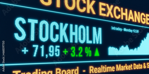 Stockholm, stock market moving up. Positive stock exchange data, rising chart on the screen. Green percentage sign, profit and investment. 3D illustration