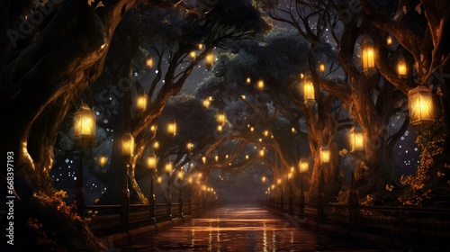 an enchanting, tree-lined avenue with wooden lanterns illuminating the path, creating a magical and serene atmosphere under the night sky © Muslim