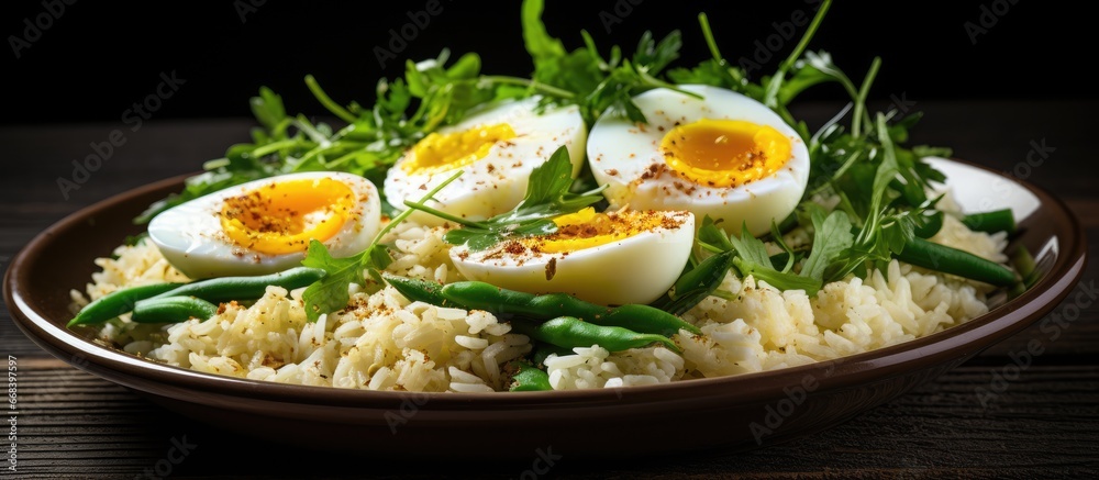 Egg and rice salad with green beans for a homemade meal Egg and rice salad with green beans for a homemade meal