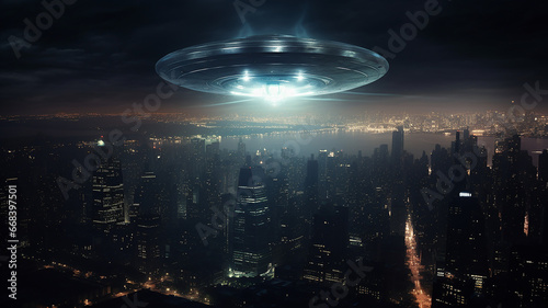 UFO Hovering Over a City at Night