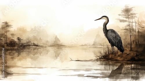 drawing wallpaper of a landscape of heron birds in the middle of the forest lake in ink style photo