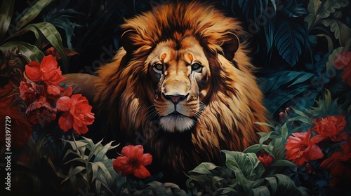 Illustration of an oil painting portrait of a male lion among roses and palm leaves 