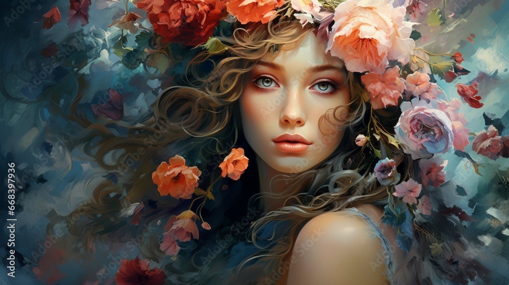 Wallpaper of a beautiful girl merged with flowers, branches, roses, and the effectual colors that merge with them - a surreal expressionist painting suitable