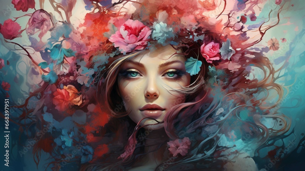 Wallpaper of a beautiful girl merged with flowers, branches, roses, and the effectual colors that merge with them - a surreal expressionist painting suitable