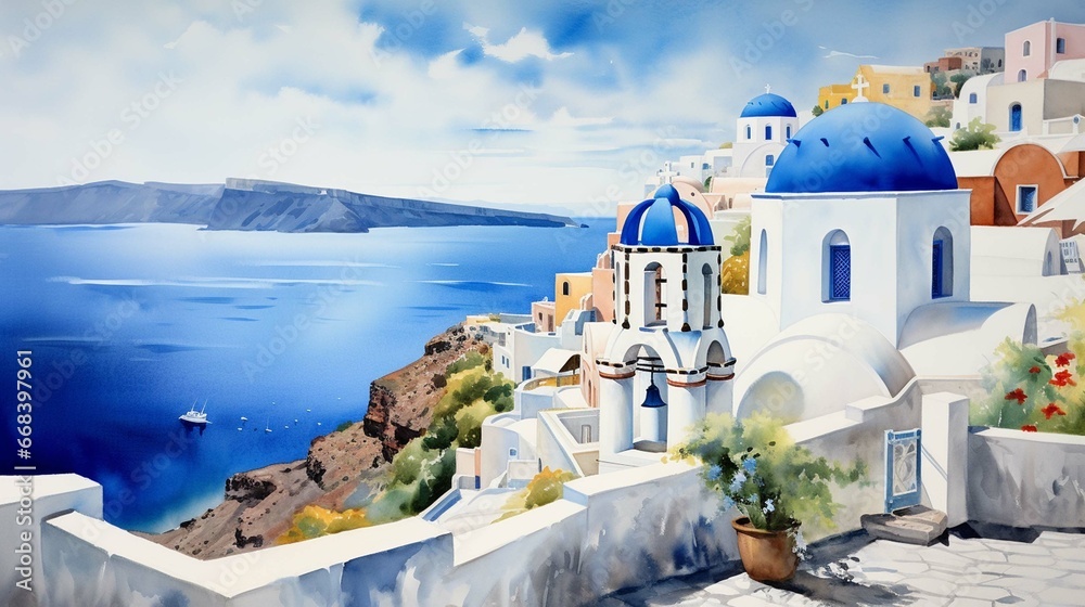 Watercolor painting of the beautiful islands of Greece - obrazy, fototapety, plakaty 