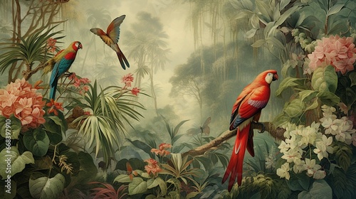 wallpaper jungle and leaves tropical forest mural parrot and birds butterflies old drawing vintage background  photo