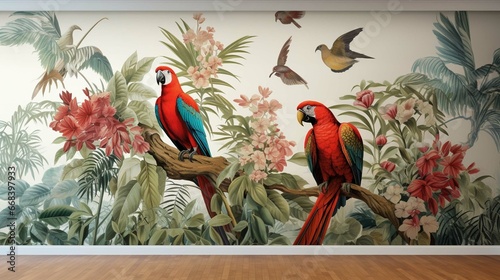 wallpaper jungle and leaves tropical forest mural parrot and birds butterflies old drawing vintage background 