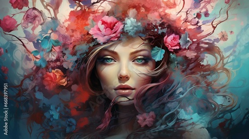 Wallpaper of a beautiful girl merged with flowers  branches  roses  and the effectual colors that merge with them - a surreal expressionist painting suitable