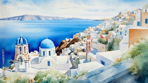 Watercolor painting of the beautiful islands of Greece