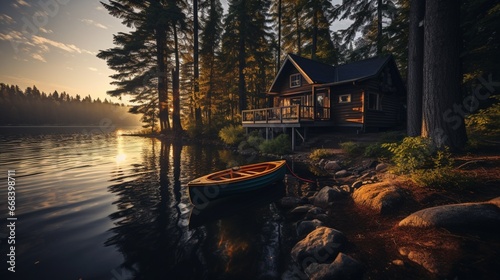 an image of a lakeside cabin nestled in the pines, with a rowboat waiting by the water's edge for a leisurely adventure