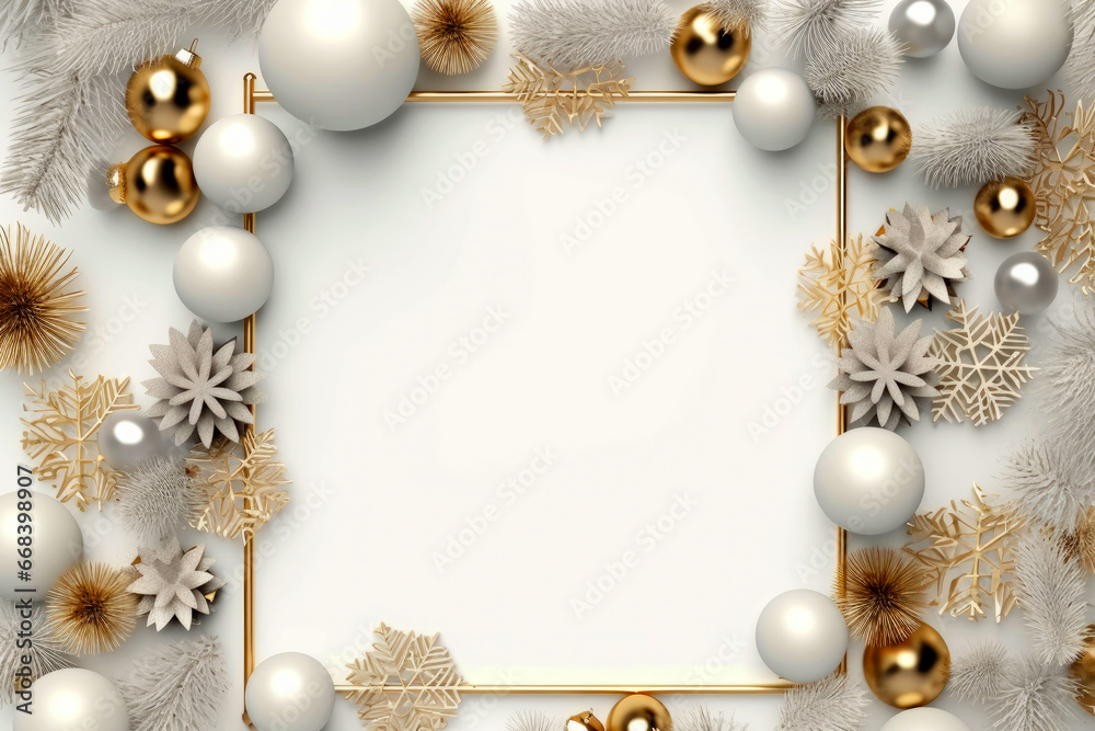 a thin empty gold metal frame, surrounded by decorative Christmas balls, snow stars and pine cones in white and gold tones. Christmas message or promotion a thin empty gold metal frame, surrounded by decorative Christmas balls, snow stars and pine cones in white and gold tones. Christmas message or promotion